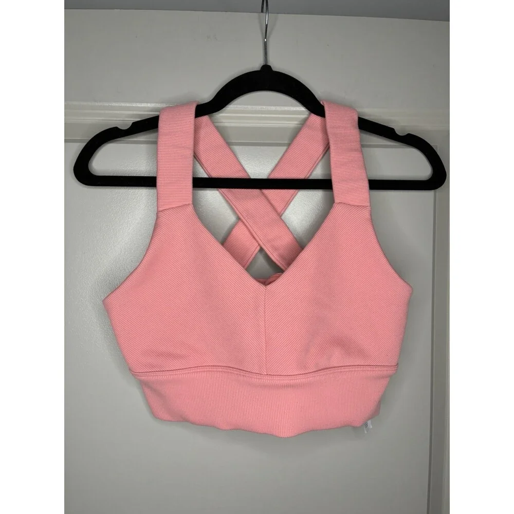 Alo Yoga Emulate Sports Bra in Strawberry Lemonade Size Medium Ribbed Crossback